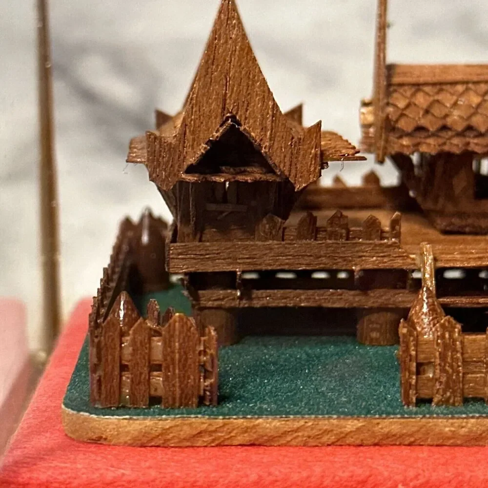 VINTAGE Handmade Teak Wood Thailand House Glass Metal Shadowbox Diorama Souvenir